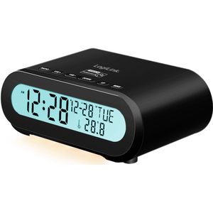 Wekker radio FM met temperatuur, vochtigheid, slaaptimer, zwart, USBC of batterij