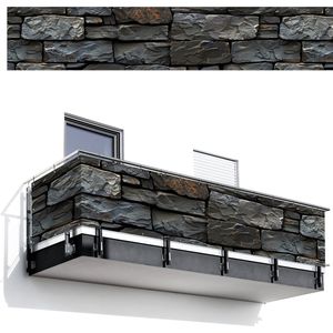 Balkonscherm 500x95 cm - Balkonposter Steenlook - Antraciet - Grijs - Balkon scherm decoratie - Balkonschermen - Balkondoek zonnescherm