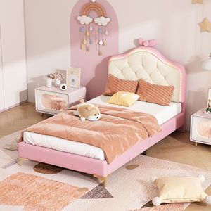 KOMHTOM Bed kinderbed 90x200cm Gestoffeerd eenpersoons golfbed met veelkleurige LED-strips PU Roze