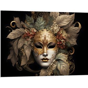 PVC Schuimplaat - Venetiaanse carnavals Masker met Gouden en Beige Details tegen Zwarte Achtergrond - 100x75 cm Foto op PVC Schuimplaat (Met Ophangsysteem)