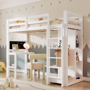 Kinderbed, Hoogslaper met bureau Open kleerkast en legplanken Kinderbed met lattenbodem en uitvalbescherming, Eenpersoonsbed Ligvlak 90x200cm -109x206x184cm(BxLxH), Wit