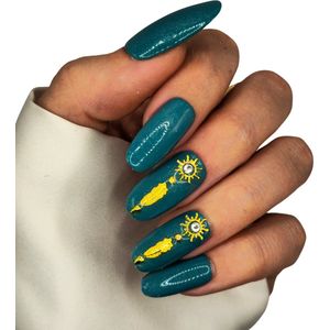 SD Press on Nails - B-274 - Plaknagels met nagellijm - Lange Ronde Kunstnagels - Blauw Groen Goud - Set 20 Kunstnagels handgemaakt van gellak - Nagellak - Nepnagels - Accessoires - Nail Art - Kunstnagels