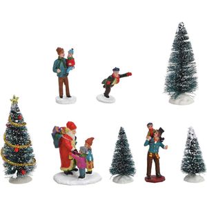 8x stuks kerstdorp accessoires figuurtjes/poppetjes en kerstboompje - Kerstdorp onderdelen kerstversiering