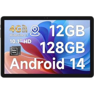 10.1 Inch 4G Tablet met Android 14, 12GB RAM, 128GB Opslag, Dual SIM, 5MP/8MP Camera