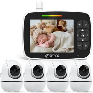 Lovinoo Babyfoon - Babyfoon met 4 Camera's – Baby Monitor - Hondencamera - Huisdiercamera - Op Afstand Bestuurbaar - Temperatuursensor - Uitbreidbaar Tot 4 Camera's - Terugspreekfunctie - Video & Audio – Baby Camera - 3.5 Inch Scherm