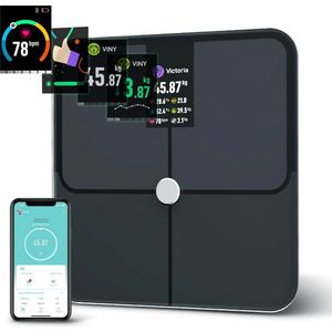 Digitale Lichaamsvetweegschaal – Slimme Lichaamsweegschaal met TFT Kleurenbeeldscherm, Hartslagmeting en Nauwkeurige Resultaten – Professionele Smart Weegschaal met BMI, Vetpercentage en Spiermassa Metingen