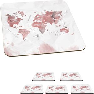 Onderzetters voor glazen - Wereldkaart - Waterverf - Rood - 10x10 cm - Glasonderzetters - 6 stuks