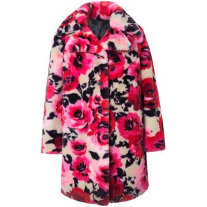 MIAMODA MIAMODA - Dames - Pluche mantel straight fit rozenprint - Karamel - Maat 44