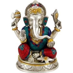Ganesha beeld met mozaïek decoratie - 25 - Polyresin - Messing - Metaal - Zilver