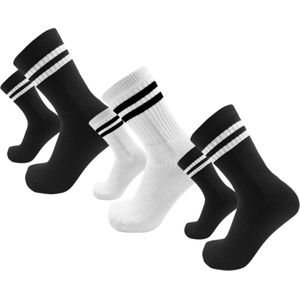 SOGZZ - Sport sokken - Tennis sokken - 6 Paar - 2 paar zwart / 1 paar wit - Retro model - Sokken met strepen - Dames en heren - Maat 35/38