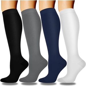4-compressie sokken voor vrouwen - Sportcompressiekousen - Lange compressiekousen voor dames - vrouwen compressiekousen - Rekbare compressiekousen - voor hardlopen, atletische, reizen-Zwart/Grijs/Tibet/Wit*1-L/XL