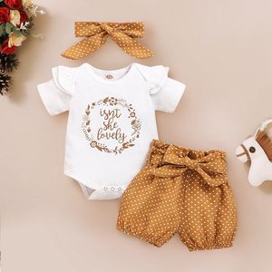 Driedelige kleding set Baby (Meisjes) – Romper met korte Broekje en Haarband ��– Okergeel- Wit – Met stipjes – Maat 86/92