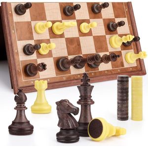 Magnetische schaakset 2-in-1 schaak- en damspel, 25 x 25 cm reisschaak met opvouwbaar schaakbord voor kinderen en volwassenen, goed voor binnen, buiten en op reis