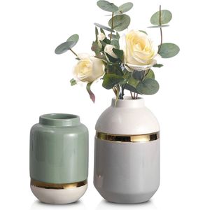 Moderne keramische vaas in lichtgrijs/lichtgroen, set van 2 vazen voor eucalyptus/bloemen, vergulde glanzende bloemenvazen voor thuis, woonkamer, slaapkamer en schouw, 15,5/19 cm.