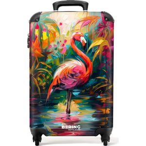NoBoringSuitcases.com - Koffer - Flamingo in kleurrijke omgeving van olieverf - Past binnen 55x40x20 cm en 55x35x25 cm - Trolley handbagage - Valiezen met wieltjes volwassenen - Reiskoffer op wielen - Rolkoffer lichtgewicht