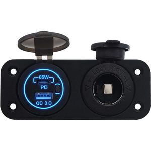 ProRide 12V USB/USB C Stopcontact 2 Poorten Inbouw met Schakelaar - 65W - QC3.0 - met 12/24V Sigaretten stopcontact - Blauw