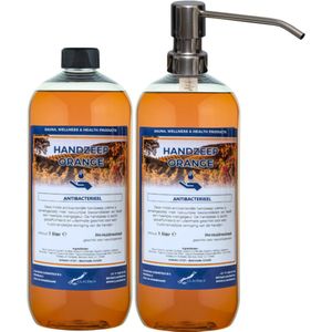 Handzeep Orange 1 liter - set van 2 stuks - met gratis RVS zilverkleurige pomp - Voordeelverpakking