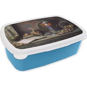 Broodtrommel Blauw - Lunchbox - Brooddoos - Boek - Stilleven - Walnoot - Lantaarn - Vintage - 18x12x6 cm - Kinderen - Jongen