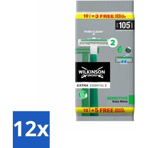 12 x Wilkinson - Wegwerpscheermesjes - Extra Essential 2 Sensitive - Zacht - 15 mesjes - Wegwerpscheermes - Scheermes - Wilkinson - Gevoelige Huid - Scheermesjes