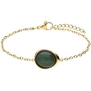 Lucardi - Dames Stalen goldplated armband met groen aventurijn ovaal - Armband - Staal - Goudkleurig - 19 cm
