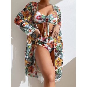 Bikini- Tropische bloemenprint geknoopt 3-delig badpak- Hoge taille ronde hals, spaghettibandjes, bikini met lange mouwen, kimono- Badpak zwempak, badmode strandkleding 914- Koraal- Maat XXL