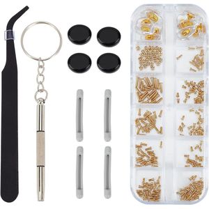 EGoods - Reparatiekit voor brillen met gouden oogglas - inclusief neus pads, schroeven, pincet, lenzenvloeistof.