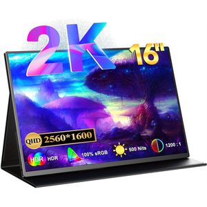 Portable Monitor – Draagbaar Scherm – Laptop Scherm Uitbreider – Extra Monitor – Full HD Monitor – 16 Inch 2K 2560x1600 – 500 Nits Helderheid – Lichtgewicht Aluminium