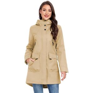Overgangsjas voor dames, winterjas, lang, lichte jas met capuchon, softshelljas, overgangsjas, parka overgangsjas voor lente en herfst - Kaki -XXL