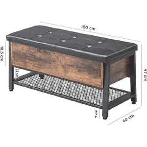 c90 - Trend products Hocker Schoenbank, bank met gestoffeerde zitting en schoenenrek, bedkast met opbergruimte, multifunctionele kast, gang, slaapkamer, staal, kunstleder, Vintage bruin-zwart LSB47BX