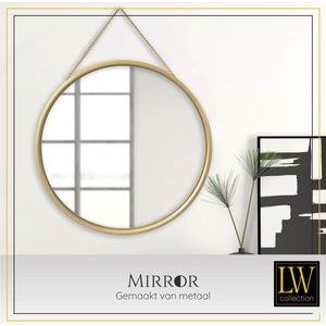 LW Collection wandspiegel met touw goud rond 50x50 cm metaal - grote spiegel muur - industrieel - woonkamer gang - badkamerspiegel - muurspiegel slaapkamer gouden rand - hangspiegel met luxe design