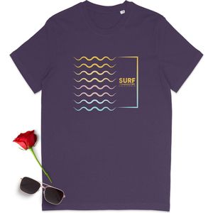 Surf t-shirt - Tshirt met grafisch surf ontwerp - Dames en heren surf t shirt - Vrouwen mannen tshirt met surf print - Unisex maten: S M L XL XXL XXXL - Tshirt kleuren: Zwart en paars.
