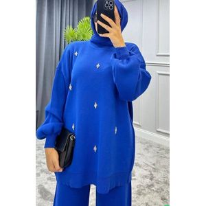 SOCKSTON- Tweedelig pak voor dames - dames broek en trui met sieraden erop- Blauw