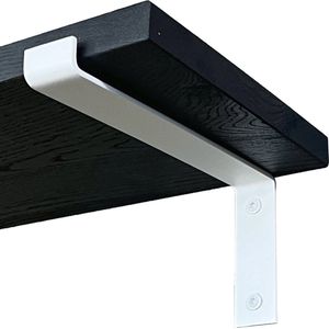 GoudmetHout - Massief eiken wandplank - 220 x 25 cm - Zwart Eiken - Inclusief industriële plankdragers L-vorm MAT WIT - lange boekenplank