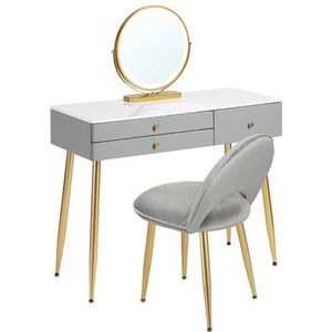 Make-up Tafel - Kaptafel - Dressoir - Luxe Kaptafel - Moderne look - Wit - Grijs - Goud - Met krukje - Incl. Spiegel - Incl. Stoel
