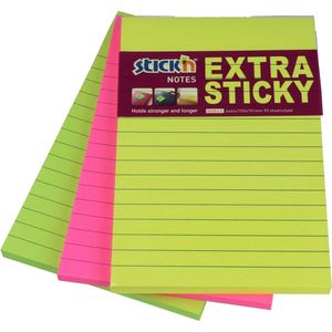 Stick'n 3 schrijfblokken, 152x101mm gelinieerd, extra sticky, neon, 3x90 sticky notes