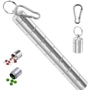 7-daagse pillendoos opbergfles met 7 verdeelbare compartimenten, metalen waterdichte pillendoos sleutelhanger, geschikt voor buitenreizen, wandelen, kamperen (zilver)