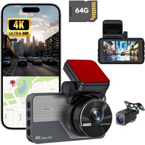 Koopkrachtig - Dashcam voor auto 2-in-1 – Voor & Achter Camera – WIFI met Gratis App (iOS & Android) – Full HD – 64GB SD-Kaart – G-sensor – Loopopname – Zwart