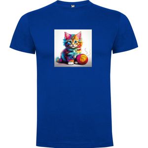 Kobalt Blauw T-Shirt met “ Kleurrijke Kitten met bol wol“ Print Full Color maat 140 9/10 jaar