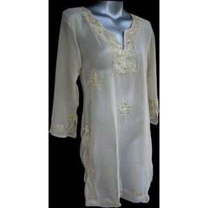 Creme-kleurige Transparante Tuniek Blouse Borduursel en Pailletten, Geborduurde Bloemen, Stof Marble Maat M, 38