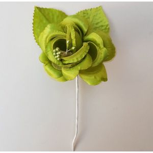 2X Corsage/decoratie roos olijf groen - corsage - decoratie - kunstbloem - groen - kerst decoratie