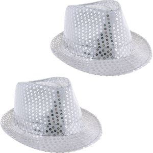 Toppers - Funny Fashion Carnaval verkleed Trilby hoedje met glitter pailletten - 2x - zilver - heren/dames