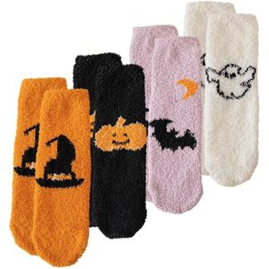 Halloween Sokken - Comfortabel & Warm - Thema Party Cadeau Sokken - Cartoonpatroon - Zwart/Wit/Oranje/Paars - One Size - 4 Paar