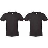 Set van 2x stuks zwart basic t-shirt met ronde hals voor heren - katoen - 145 grams - zwarte shirts / kleding, maat: M (50)