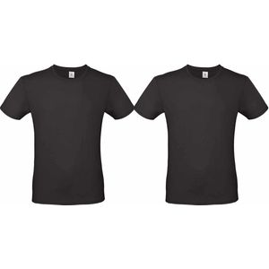 Set van 2x stuks zwart basic t-shirt met ronde hals voor heren - katoen - 145 grams - zwarte shirts / kleding, maat: M (50)