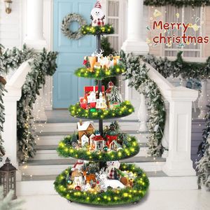 Premium 5-laags 150 cm metalen kerstboomstandaard voor kerstversieringen, ornamenten en kerstdorpdisplays, doe-het-zelf vakantieboekenkast en ornamentenhouder