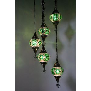 Turkse Lamp - Hanglamp - Mozaïek Lamp - Marokkaanse Lamp - Oosters Lamp - ZENIQUE - Authentiek - Handgemaakt - Kroonluchter - Groen - 5 bollen