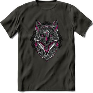 Vos - Dieren Mandala T-Shirt | Roze | Grappig Verjaardag Zentangle Dierenkop Cadeau Shirt | Dames - Heren - Unisex | Wildlife Tshirt Kleding Kado | - Donker Grijs - 3XL