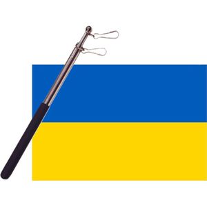 Landen vlag Oekraine - 90 x 150 cm - met compacte draagbare telescoop vlaggenstok - zwaaivlaggen