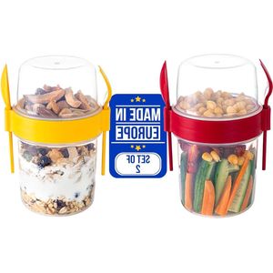 Yoghurt Beker To Go - Set van 4 Muesli To-Go Bekers met Lepel en Vork - 600 ml - Voor Onderweg Kantoor School - 4-Delig Kleurrijk yoghurt beker to go