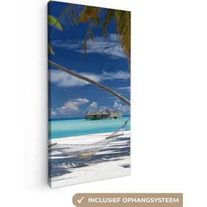 Canvas Strand - Palmboom - Zee - Eiland - Hangmat - 40x80 cm - Muurdecoratie